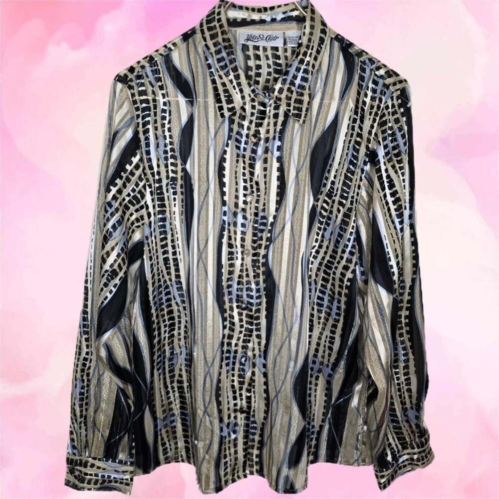 Vintage Yves St. Clair Metallic Gold and Black Abstract Button Blouse